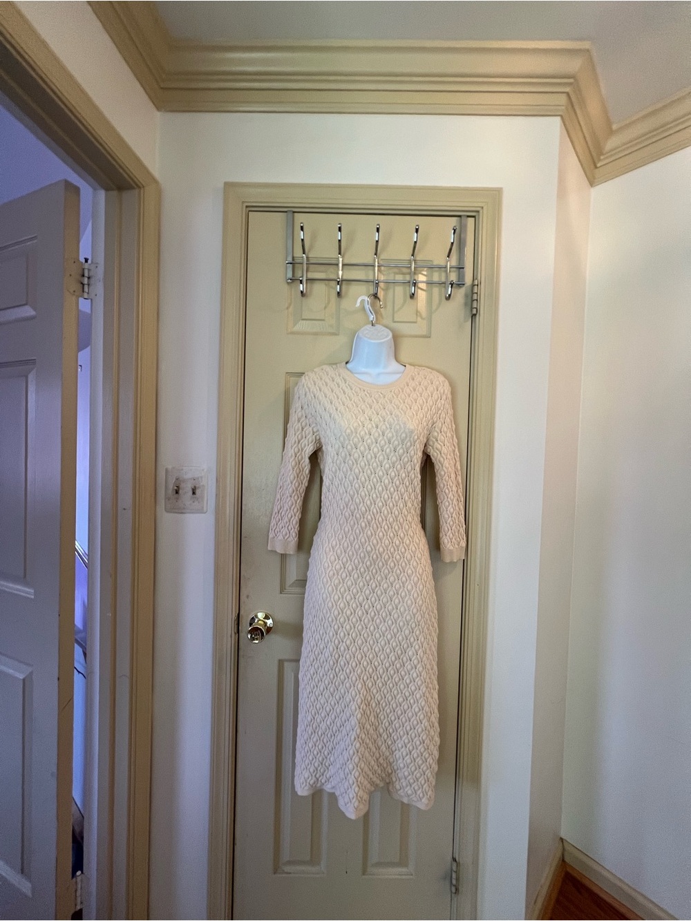 Textured Cream Midi Dress with Three-Quarter Sleeves
